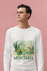 Montana Fishing Long Sleeve Tee with nature-inspired design, worn by a man standing against a pink background.