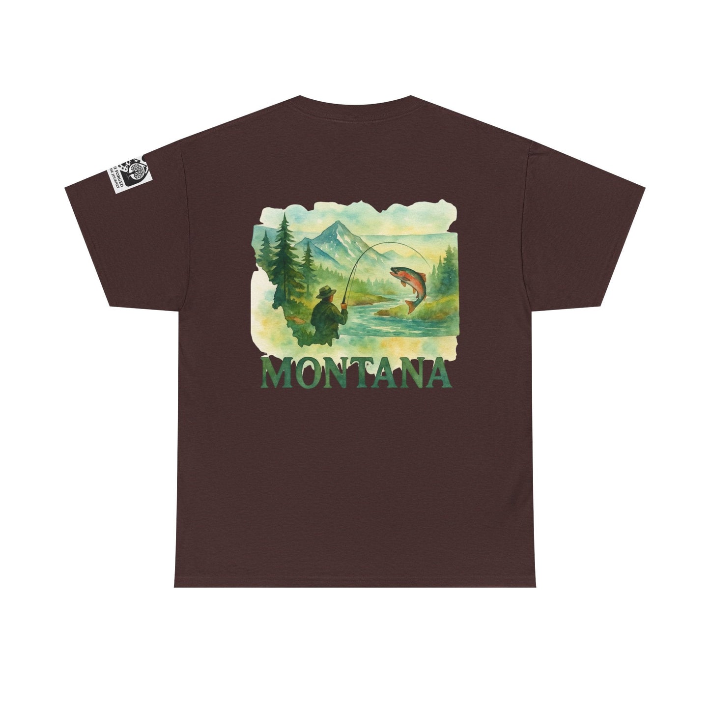 Montana Fishing Tee with nature-inspired graphic and "Born to Fish, Forced to Work" text.