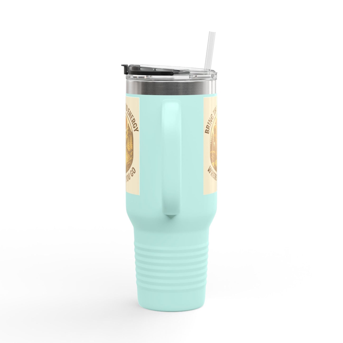 40oz Good Energy Only Mug, insulated travel cup with positive vibes design, light blue color, ergonomic handle, leak-resistant lid.