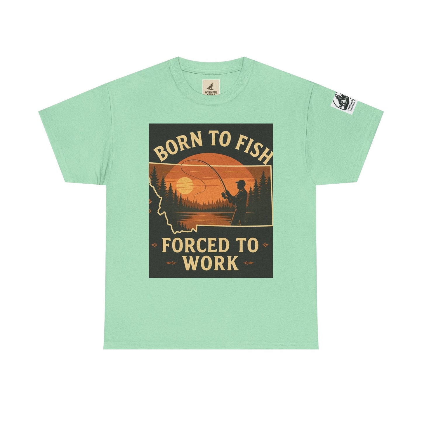 Montana Fishing Tee with "Born to Fish, Forced to Work" graphic for nature lovers.