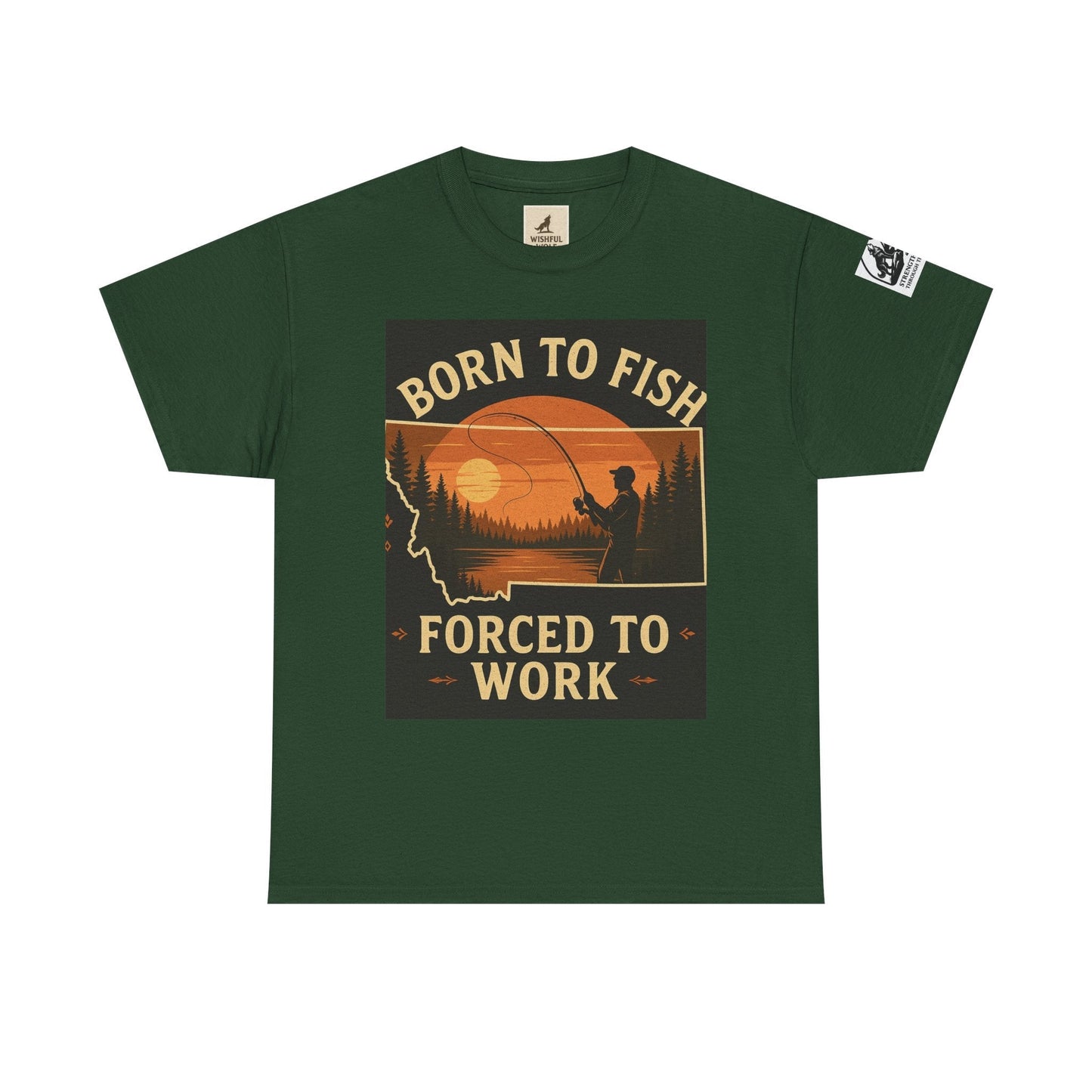 Montana Fishing Tee with "Born to Fish, Forced to Work" graphic, perfect for anglers and nature lovers.