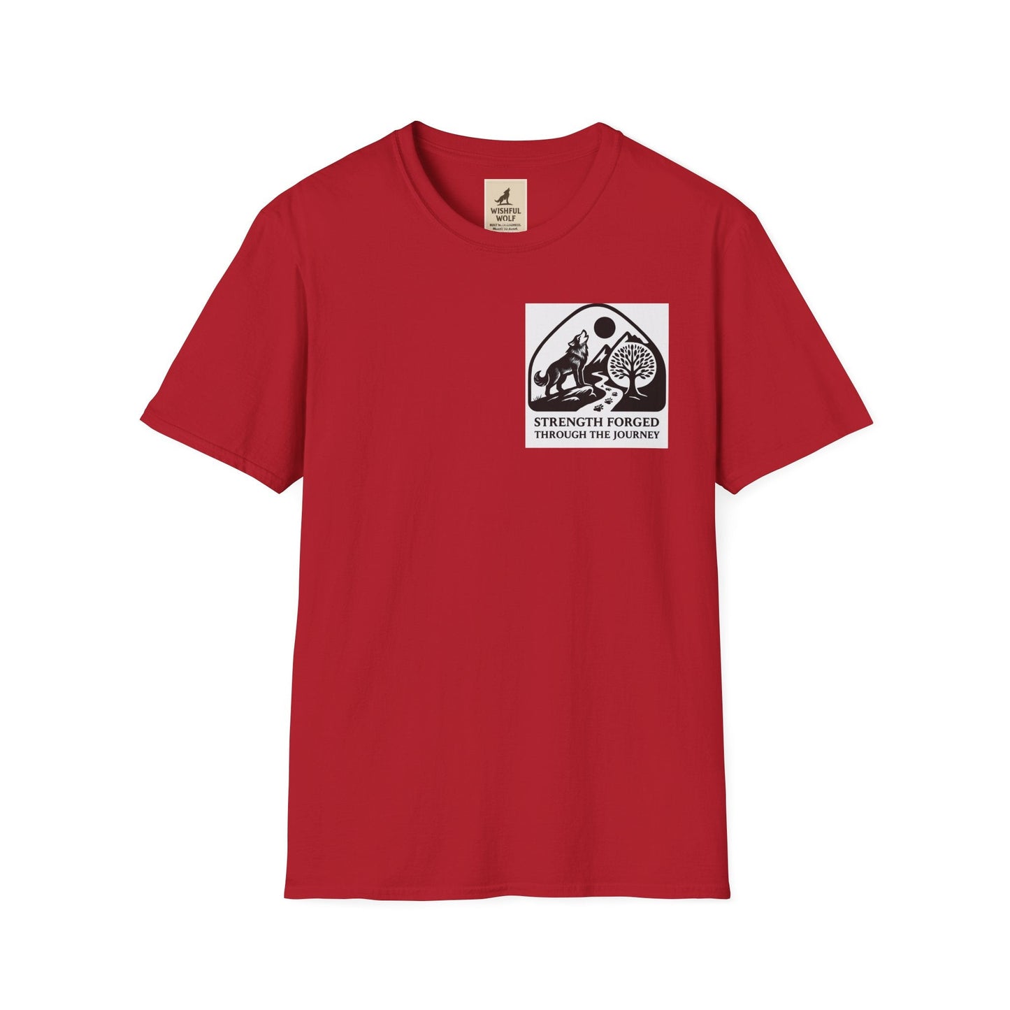 Red Welding Gift T-Shirt with "Strength Forged Through the Journey" graphic, ideal for metalworkers and welders.