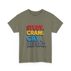 Study Cram Cry Repeat Tee, Unisex Heavy Cotton T-Shirt, Student Gift, College Humor Shirt, Exam Prep Apparel, Funny Study Tee