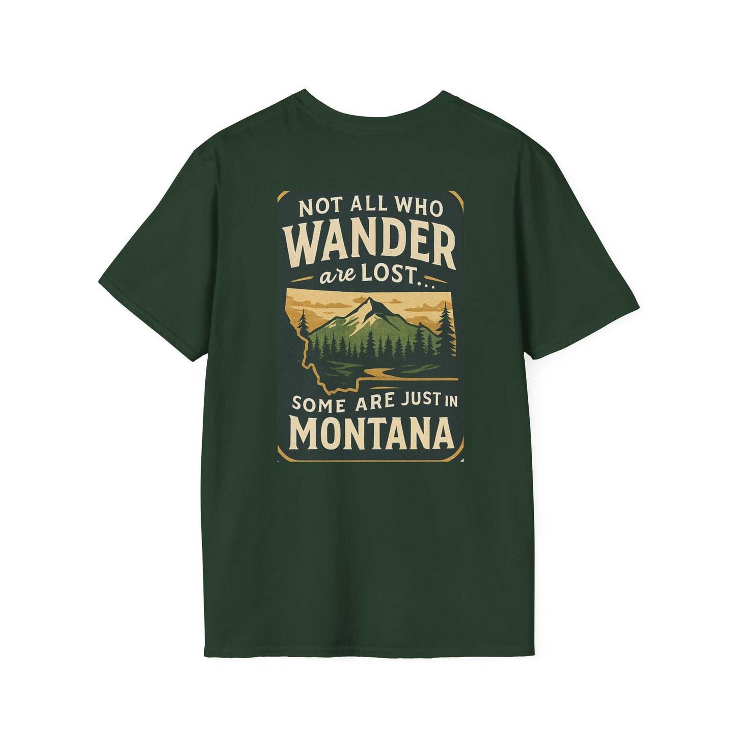 Montana Adventure Tee with wilderness graphic on dark green shirt for nature lovers.