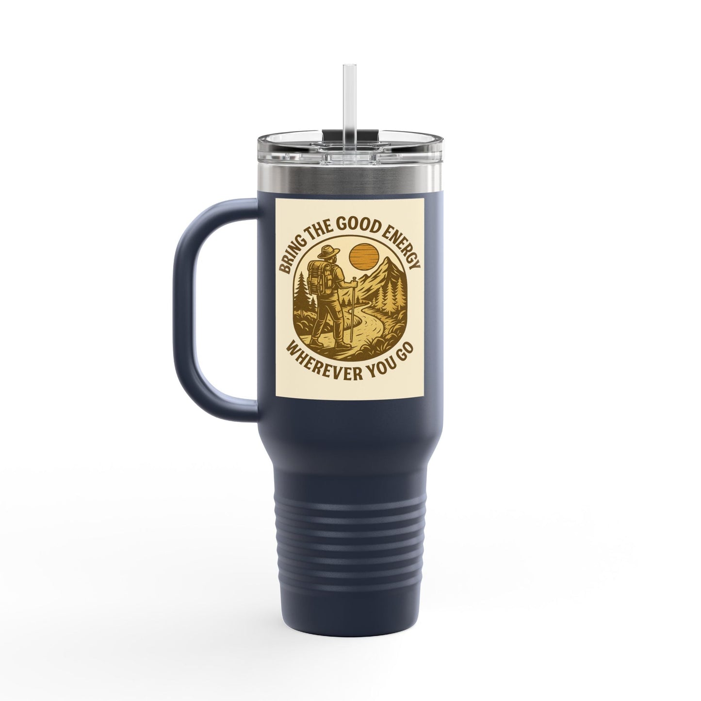 40oz insulated travel cup, navy blue, with ergonomic handle and positive vibes design.