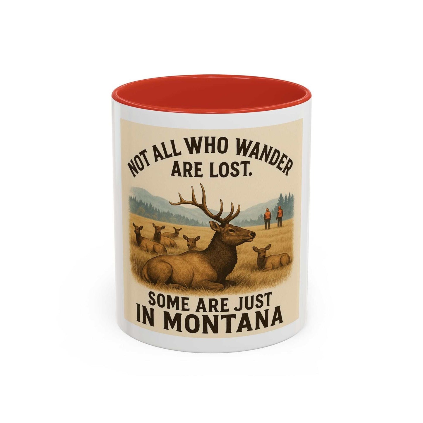 Montana Adventure Mug with elk design and red interior, featuring "Not All Who Wander Are Lost" quote.