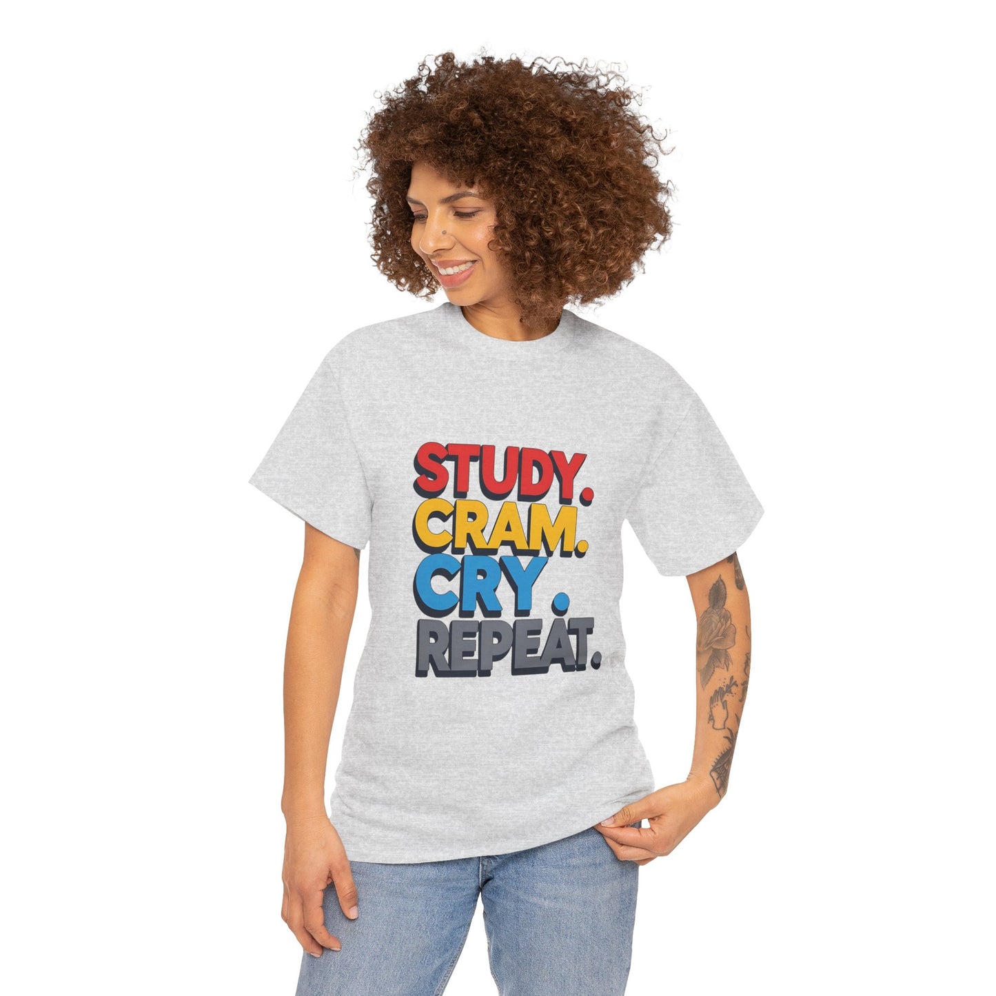 Study Cram Cry Repeat Tee, Unisex Heavy Cotton T-Shirt, Student Gift, College Humor Shirt, Exam Prep Apparel, Funny Study Tee