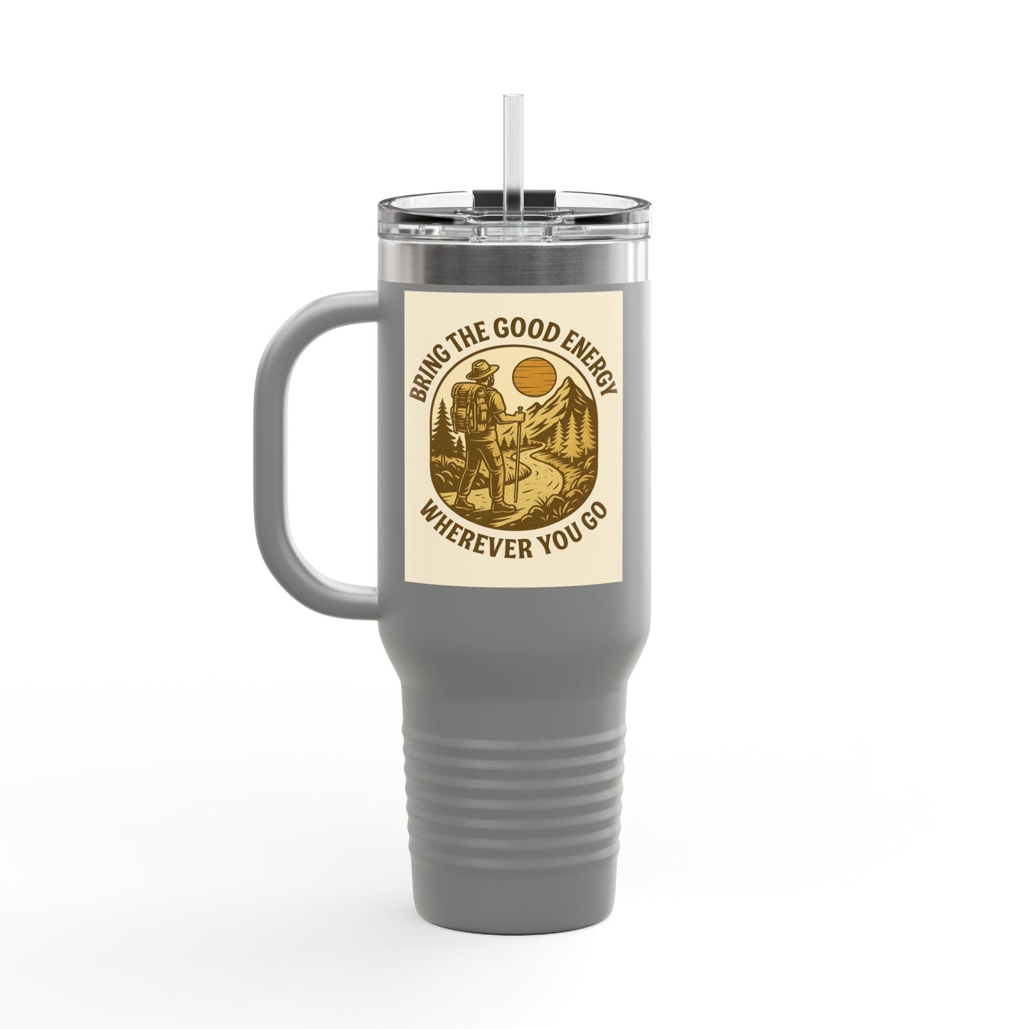 40oz insulated travel cup with positive design and ergonomic handle, featuring "Bring the Good Energy Wherever You Go" message.