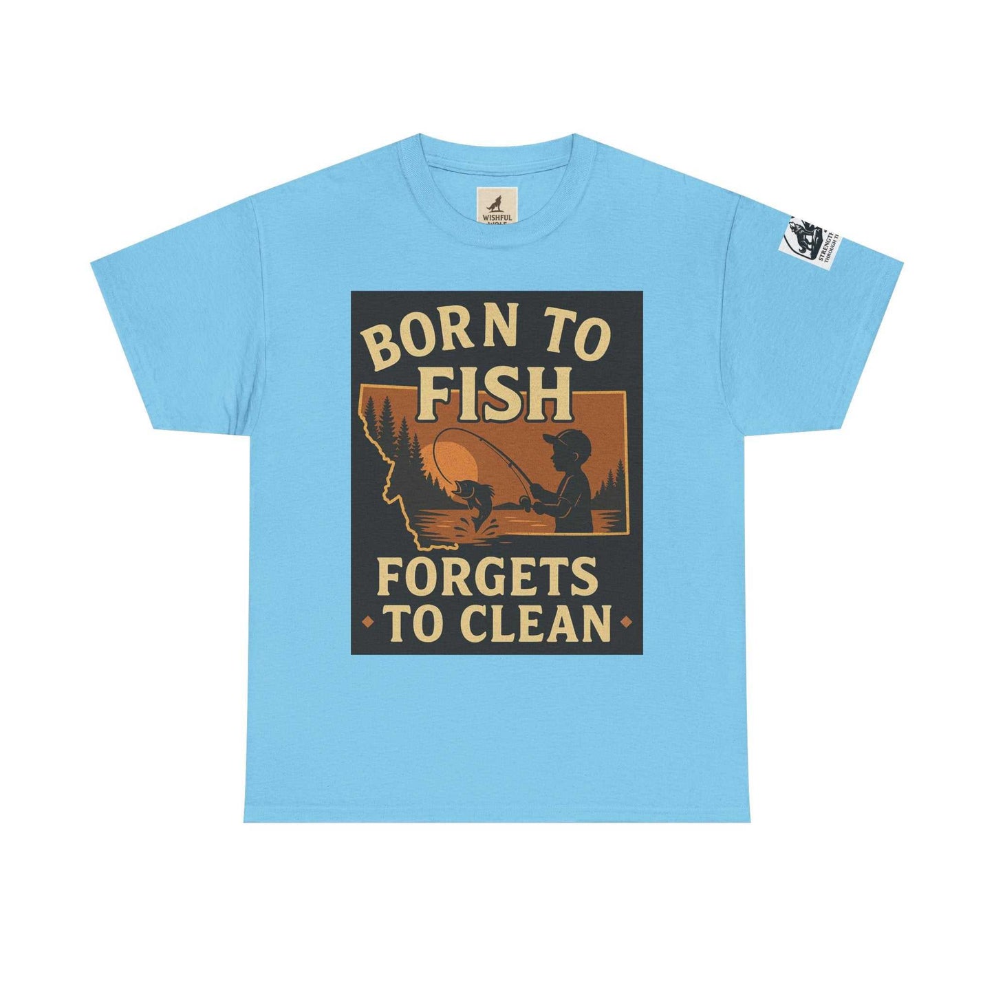 Fishing Cotton Tee for Men with graphic "Born to Fish, Forgets to Clean", blue summer shirt.