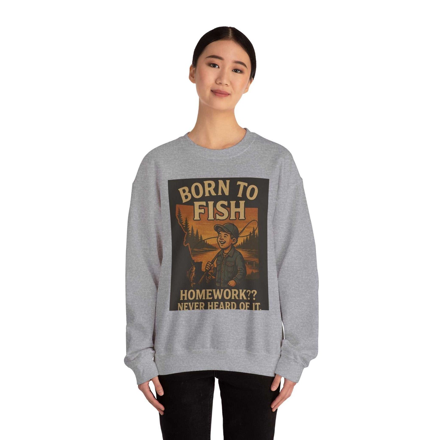 Born to Fish Sweatshirt for anglers, medium-heavy cotton-poly blend, outdoor lifestyle clothing, unique graphic design.