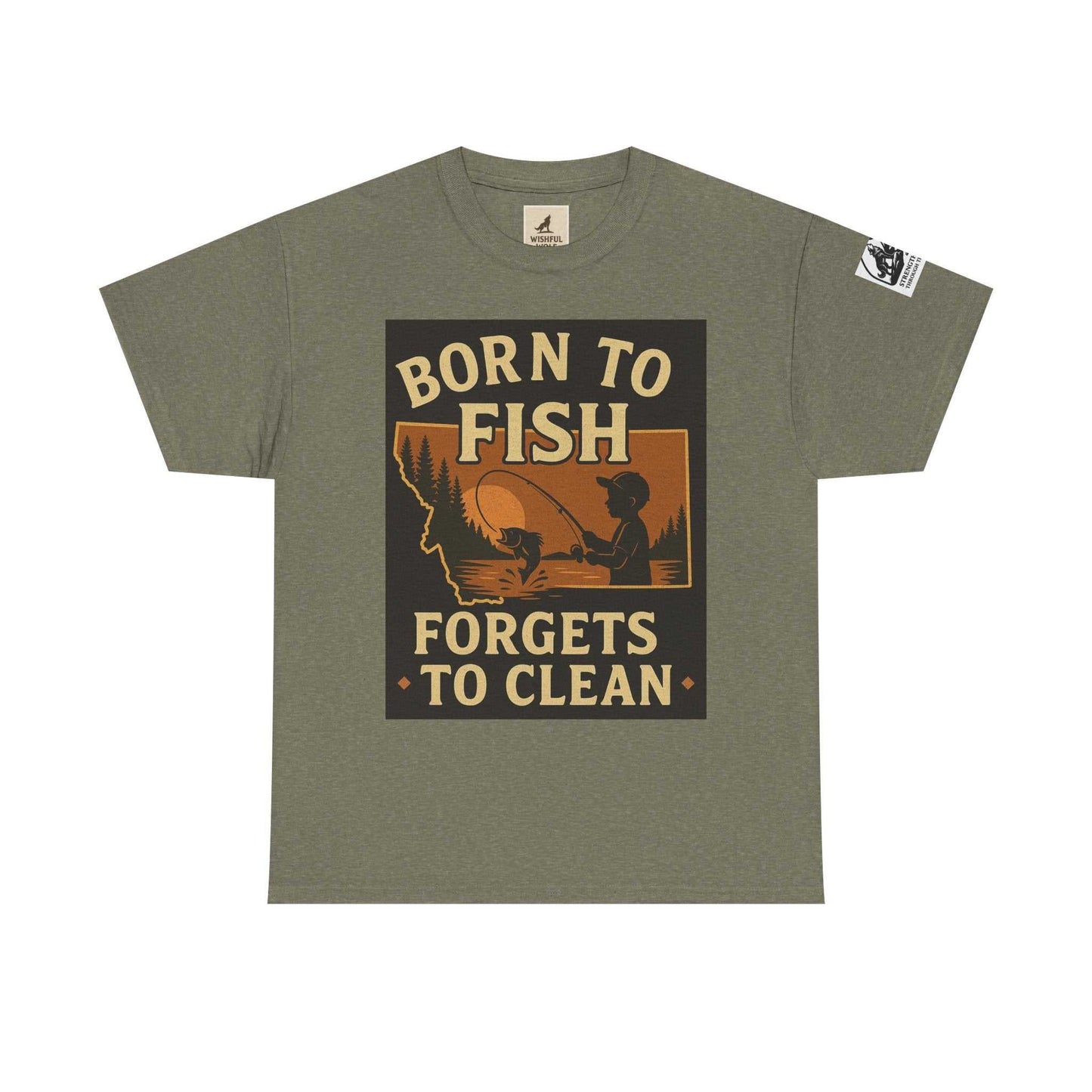 Fishing Cotton Tee for Men with "Born to Fish, Forgets to Clean" graphic, durable US-grown cotton, perfect for outdoor adventures.