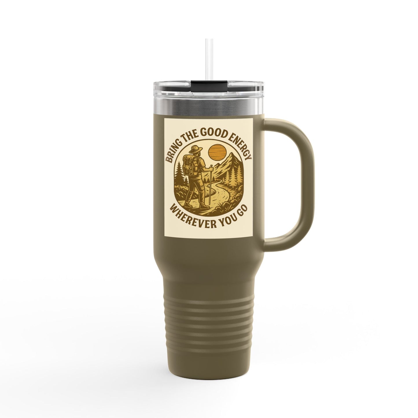 40oz insulated travel mug with positive vibes design, stainless steel, ergonomic handle, and leak-resistant lid.