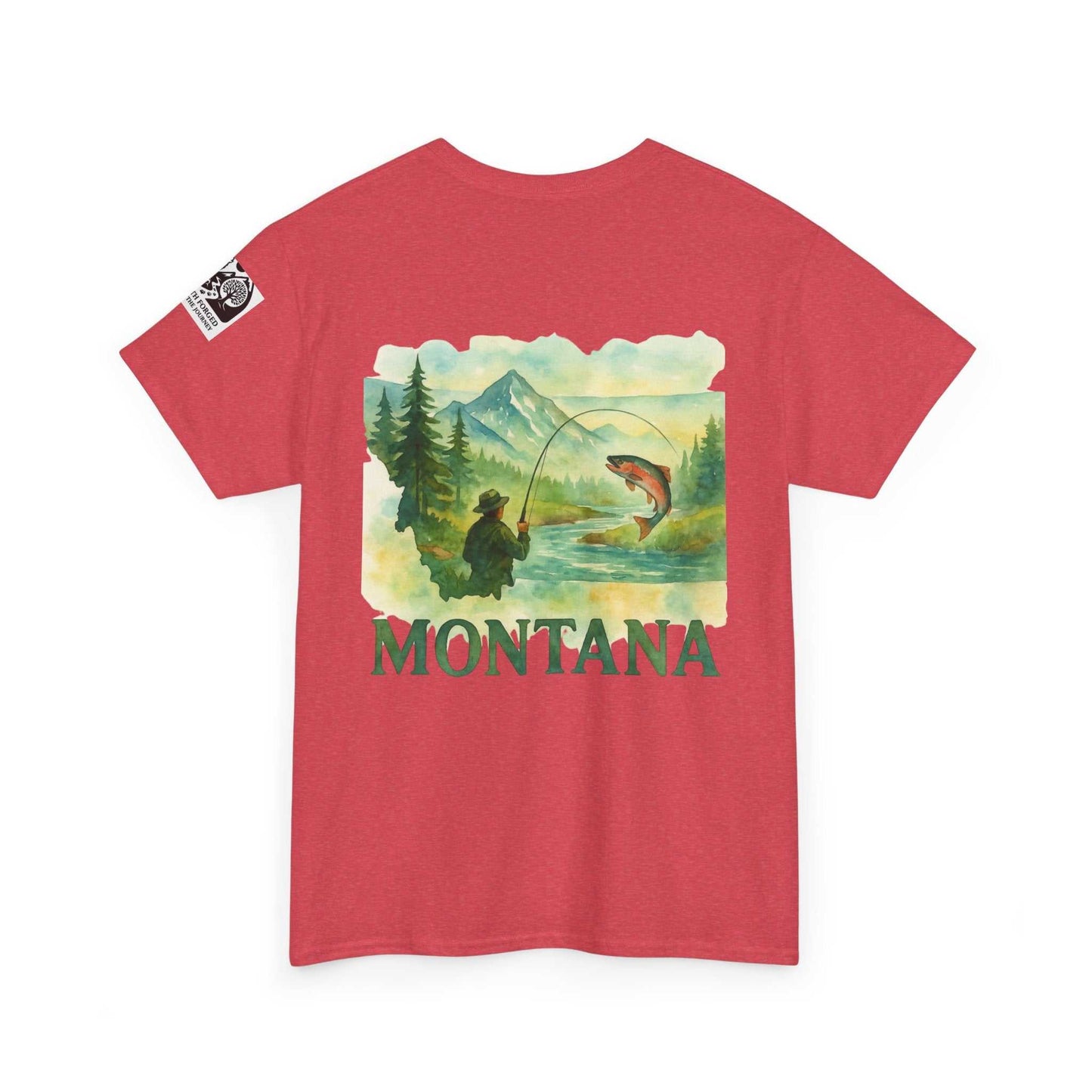 Red fishing cotton tee for men featuring a fisherman graphic and "Montana" text.