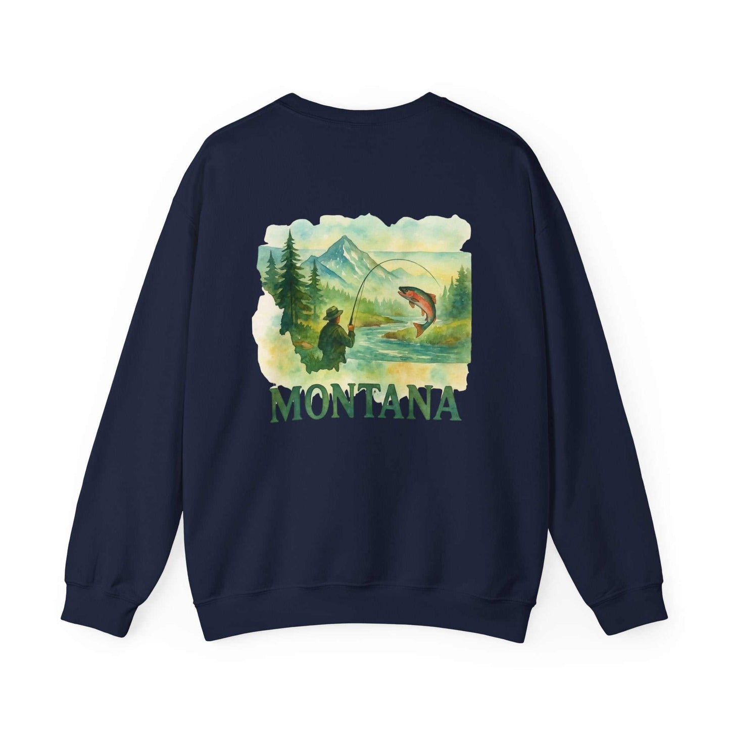 Born to Fish Sweatshirt featuring angler design with Montana text; cozy cotton-poly blend.