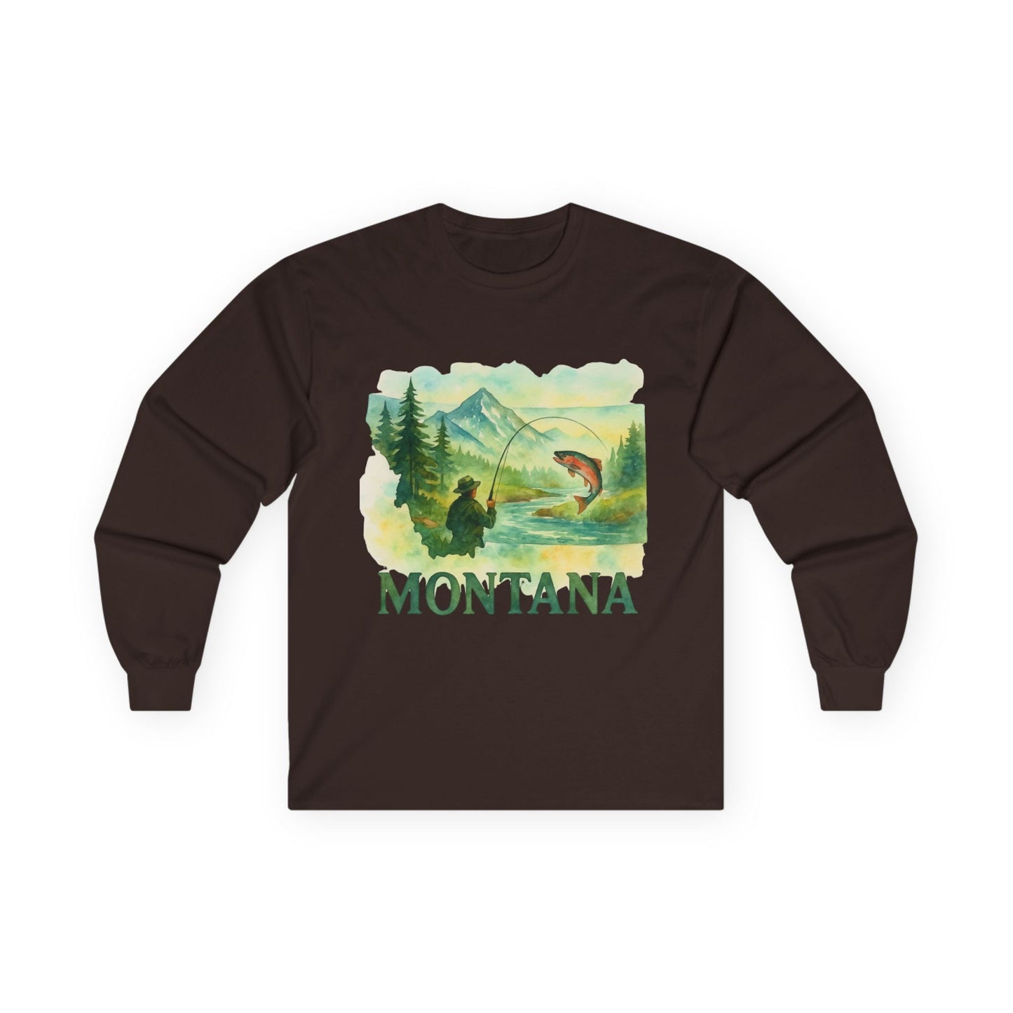 Montana Fishing Long Sleeve Tee with vintage angling design for men.