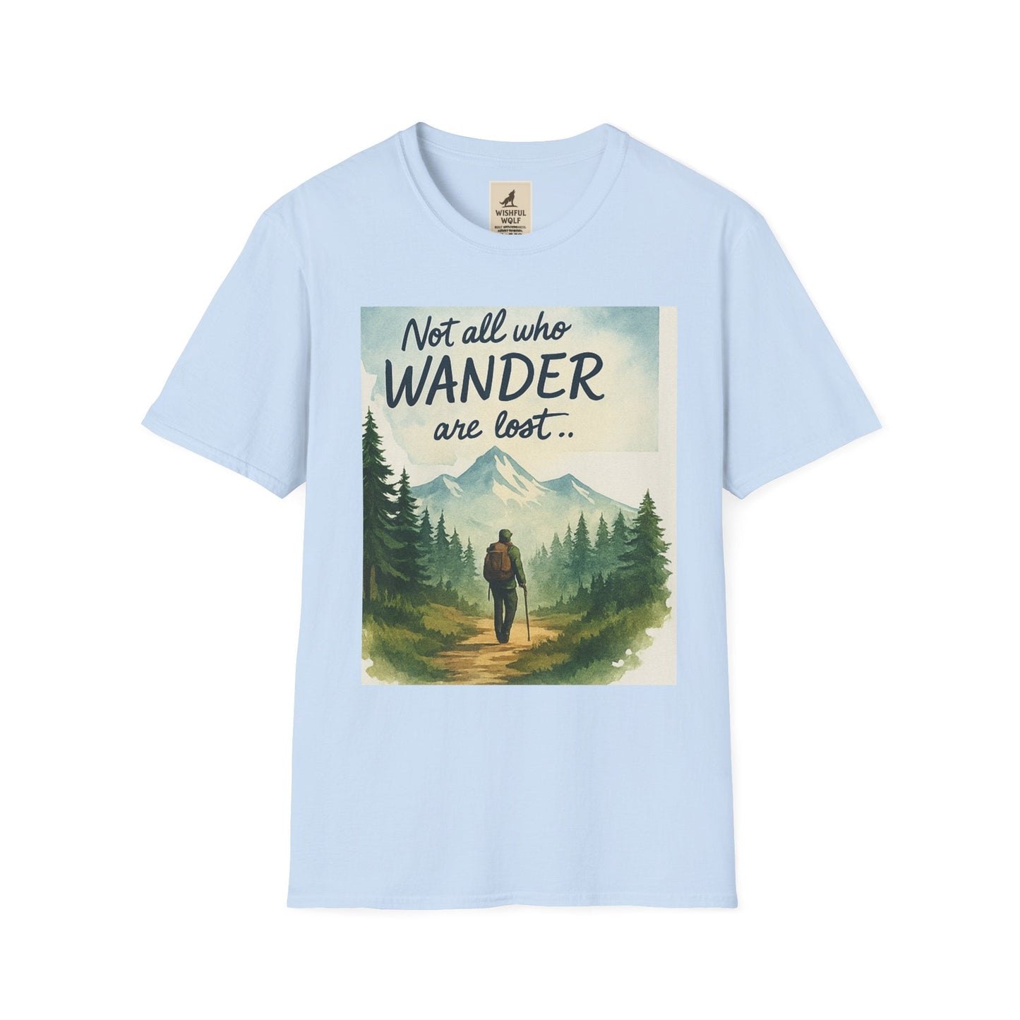 Light blue Montana-Inspired Adventure Tee with scenic graphic and "Not all who wander are lost" text.