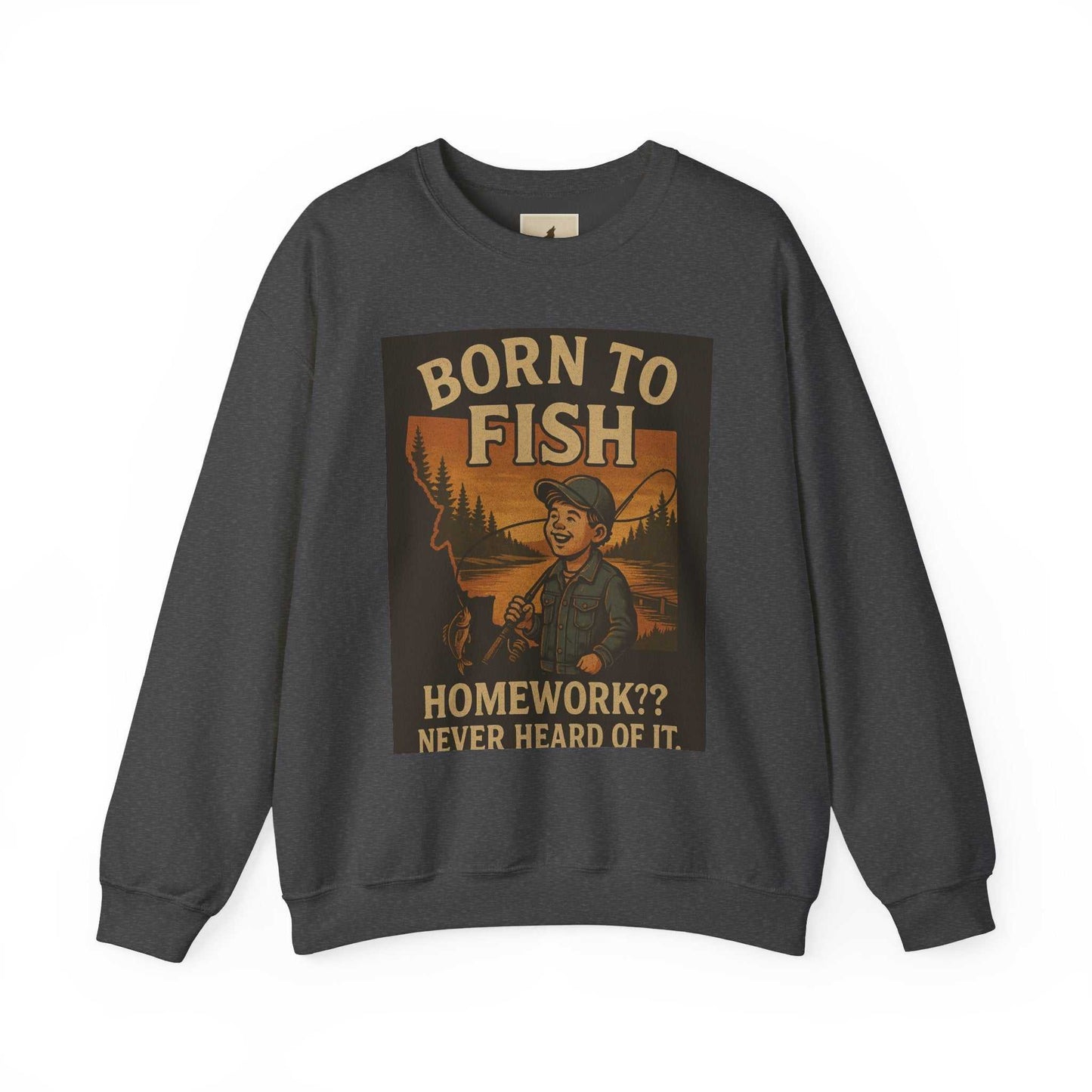 Born to Fish Sweatshirt with fishing-themed graphic; cozy, medium-heavy cotton-poly blend for anglers.