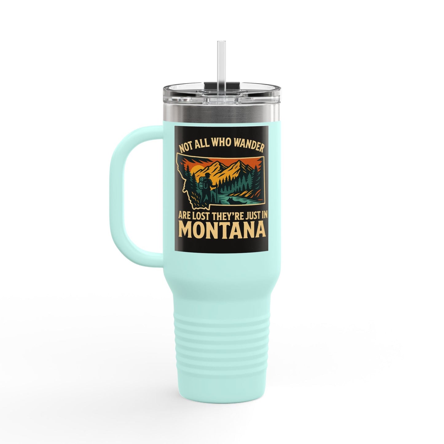 Large blue Montana Adventure Mug with ergonomic handle and leak-proof lid, featuring a wilderness design.