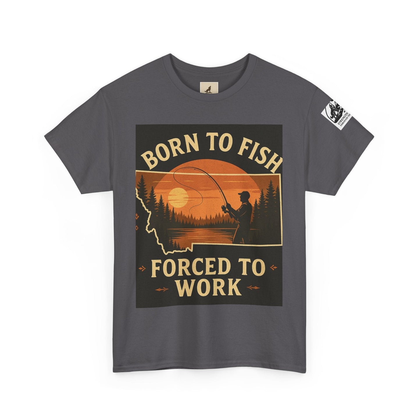 Montana Fishing Tee with "Born to Fish, Forced to Work" graphic, perfect for nature lovers.