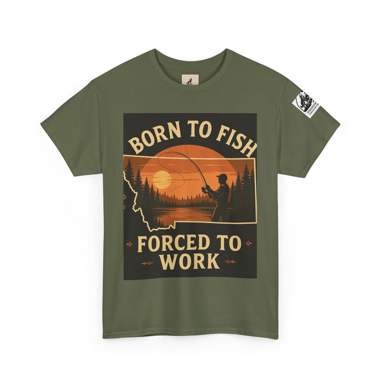 Montana Fishing Tee with "Born to Fish, Forced to Work" graphic, perfect for nature lovers and anglers.