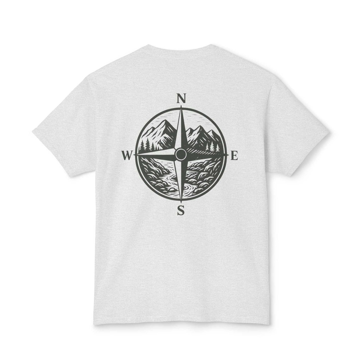 Montana Adventure Tee with compass design and mountain landscape on back.