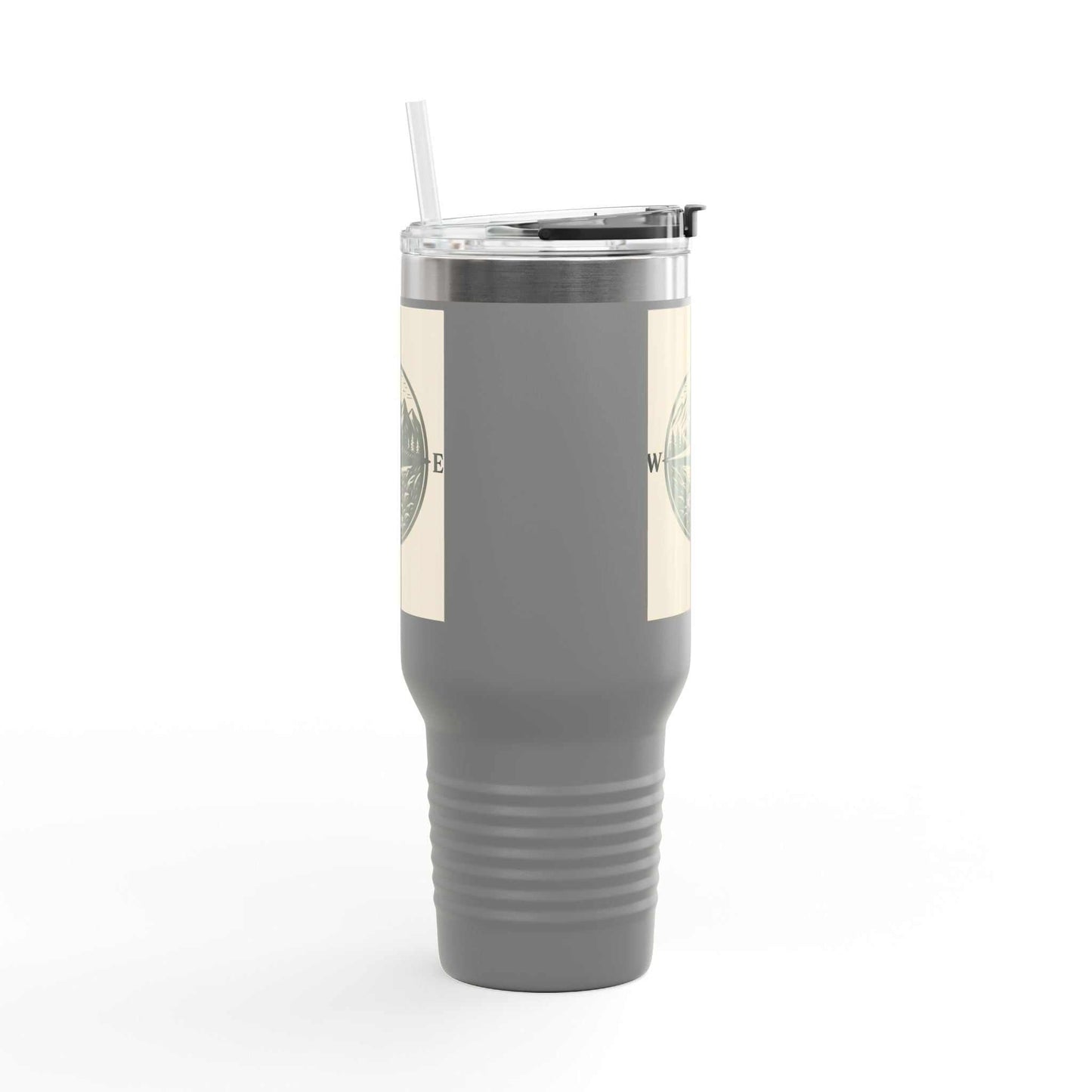 40oz insulated Montana Compass Travel Mug with ergonomic handle, compass design, and leak-proof lid for outdoor adventures.