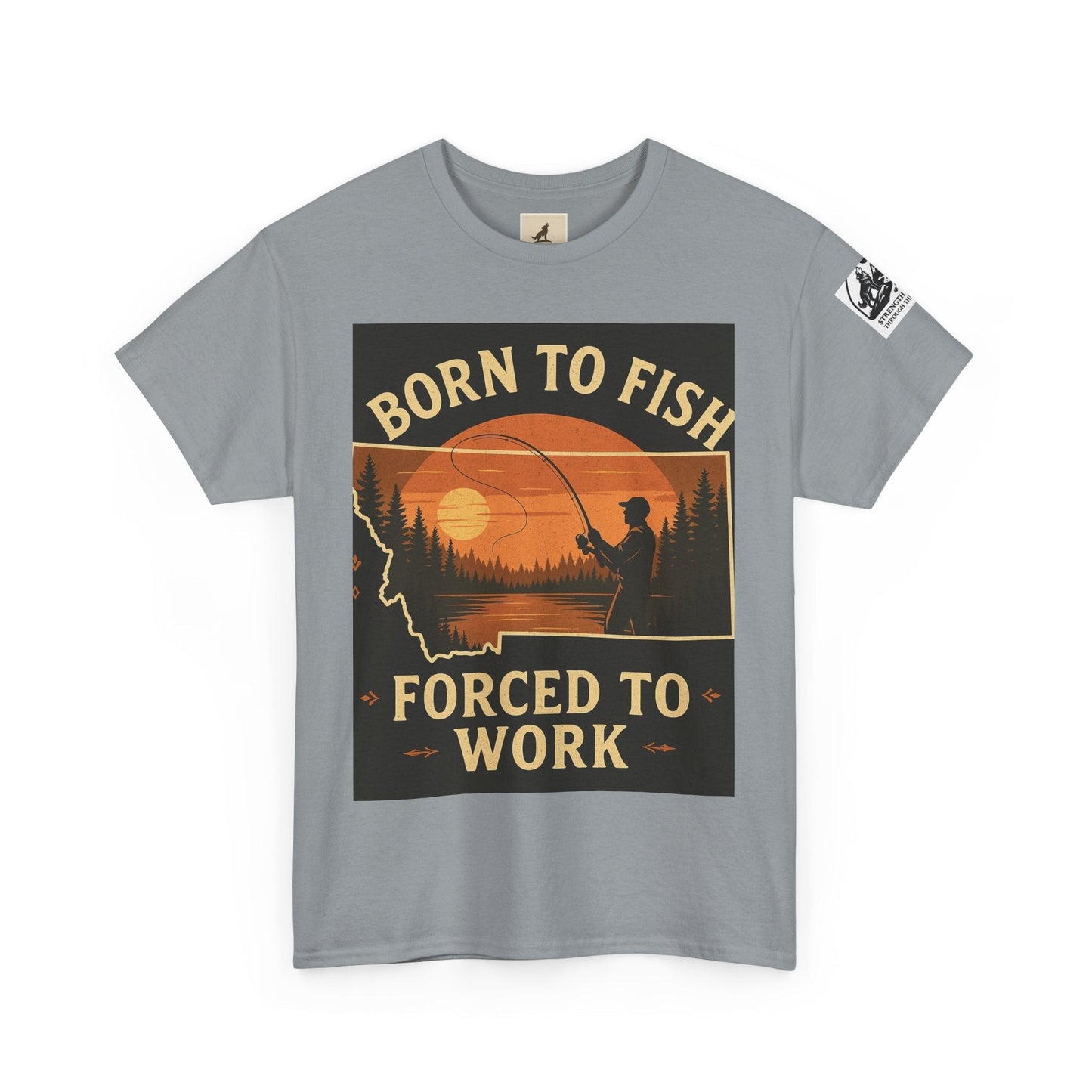 Montana Fishing Tee with "Born to Fish, Forced to Work" graphic, perfect for anglers and nature lovers.