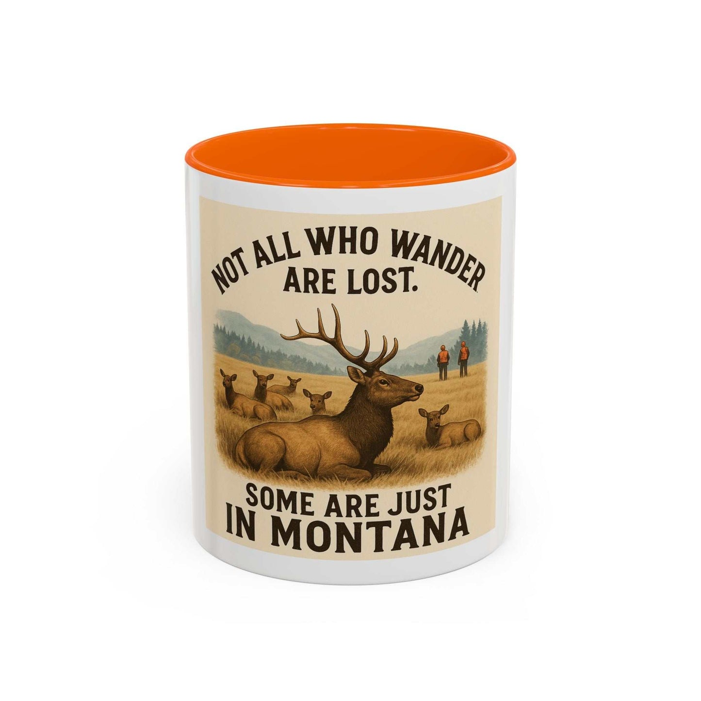 Montana Adventure Mug with elk design and "Not all who wander are lost" quote, ideal for nature lovers.