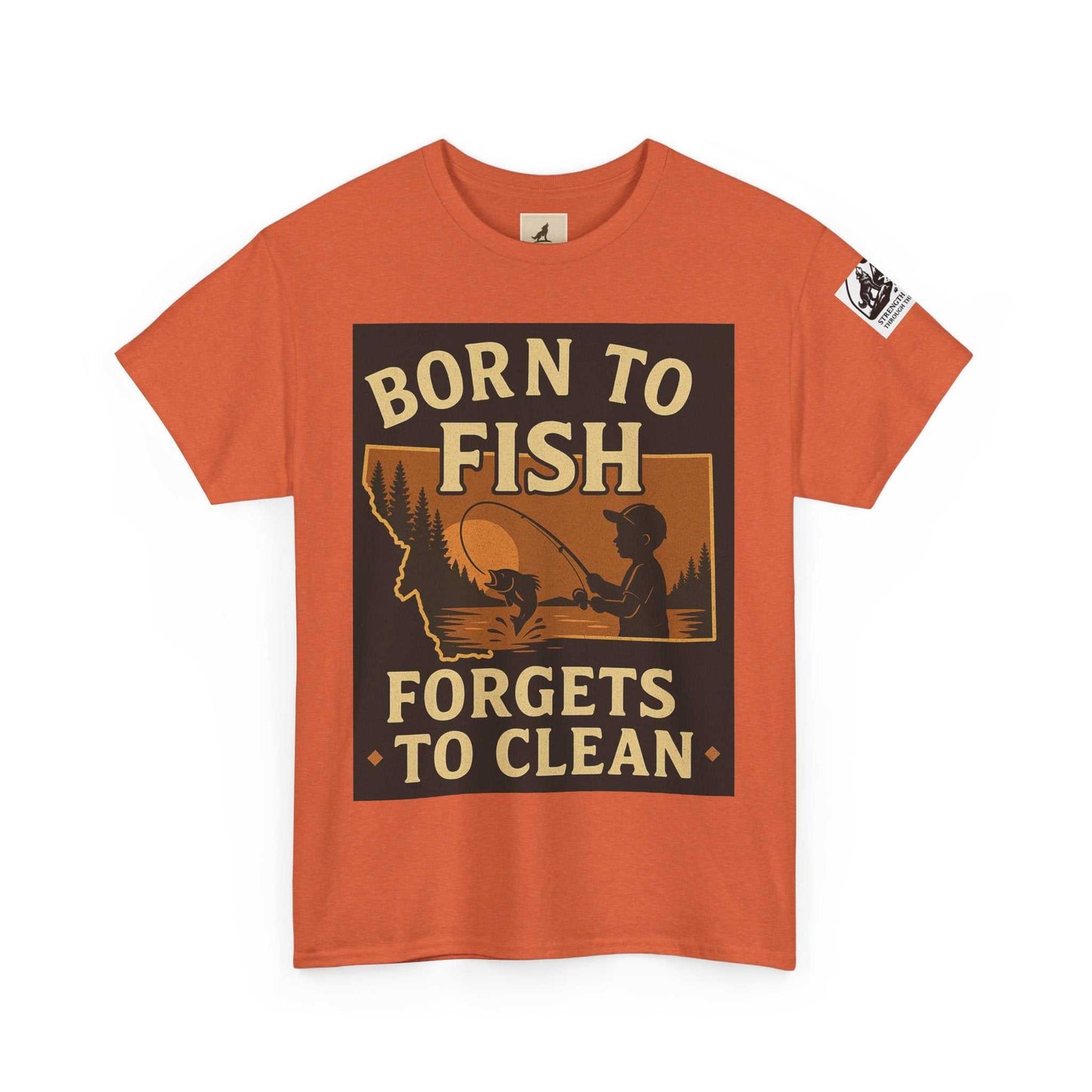 Rust-colored Fishing Cotton Tee for Men with "Born to Fish" graphic, ideal for outdoor enthusiasts.
