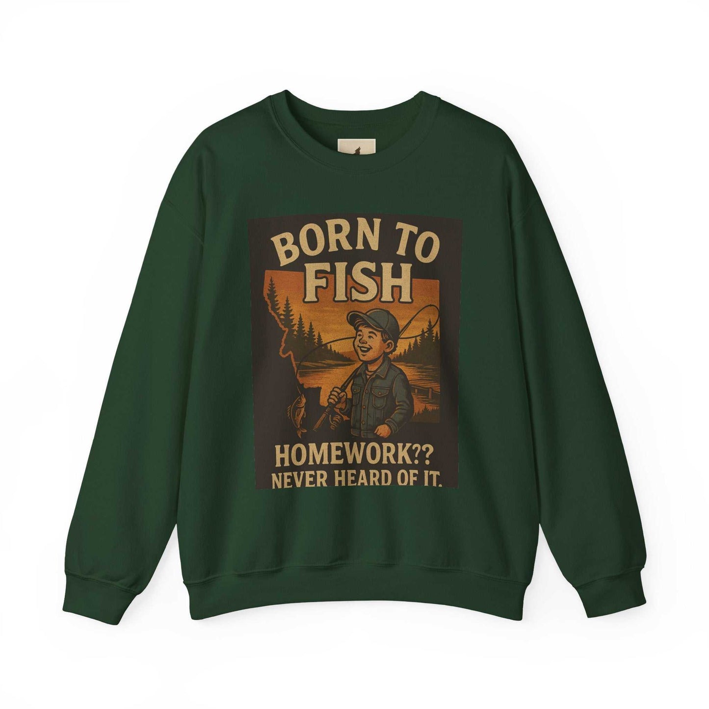 Born to Fish Sweatshirt featuring a vibrant outdoor fishing design on a durable cotton-poly blend fabric.