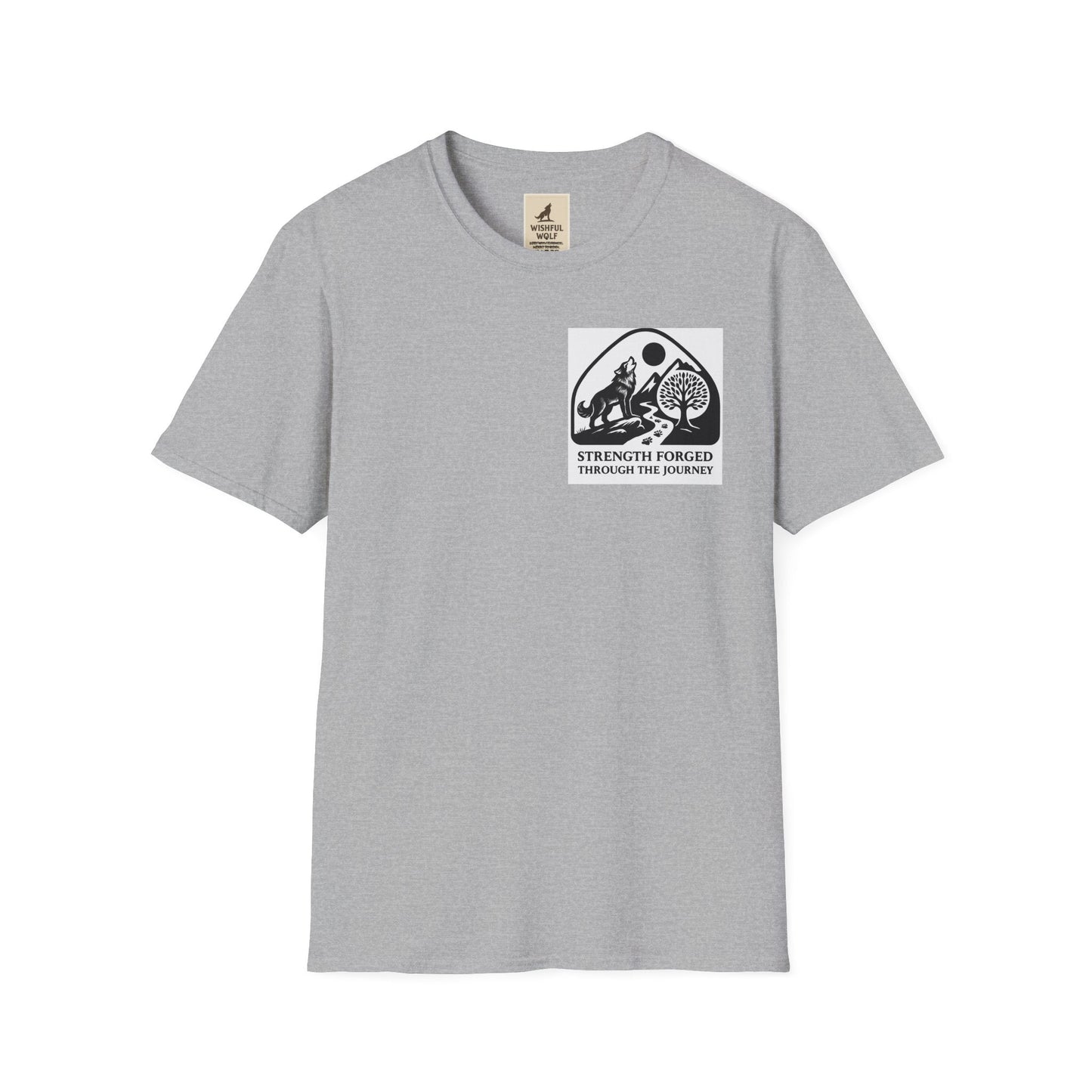 Gray Welding Gift T-Shirt with "Strength Forged Through the Journey" graphic for metalworkers and welders.