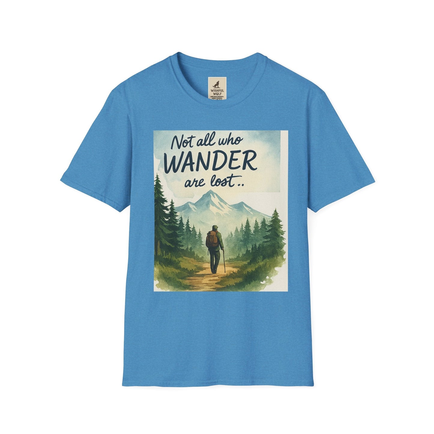 Blue Montana-Inspired Adventure Tee featuring scenic mountain graphic and hiking theme.