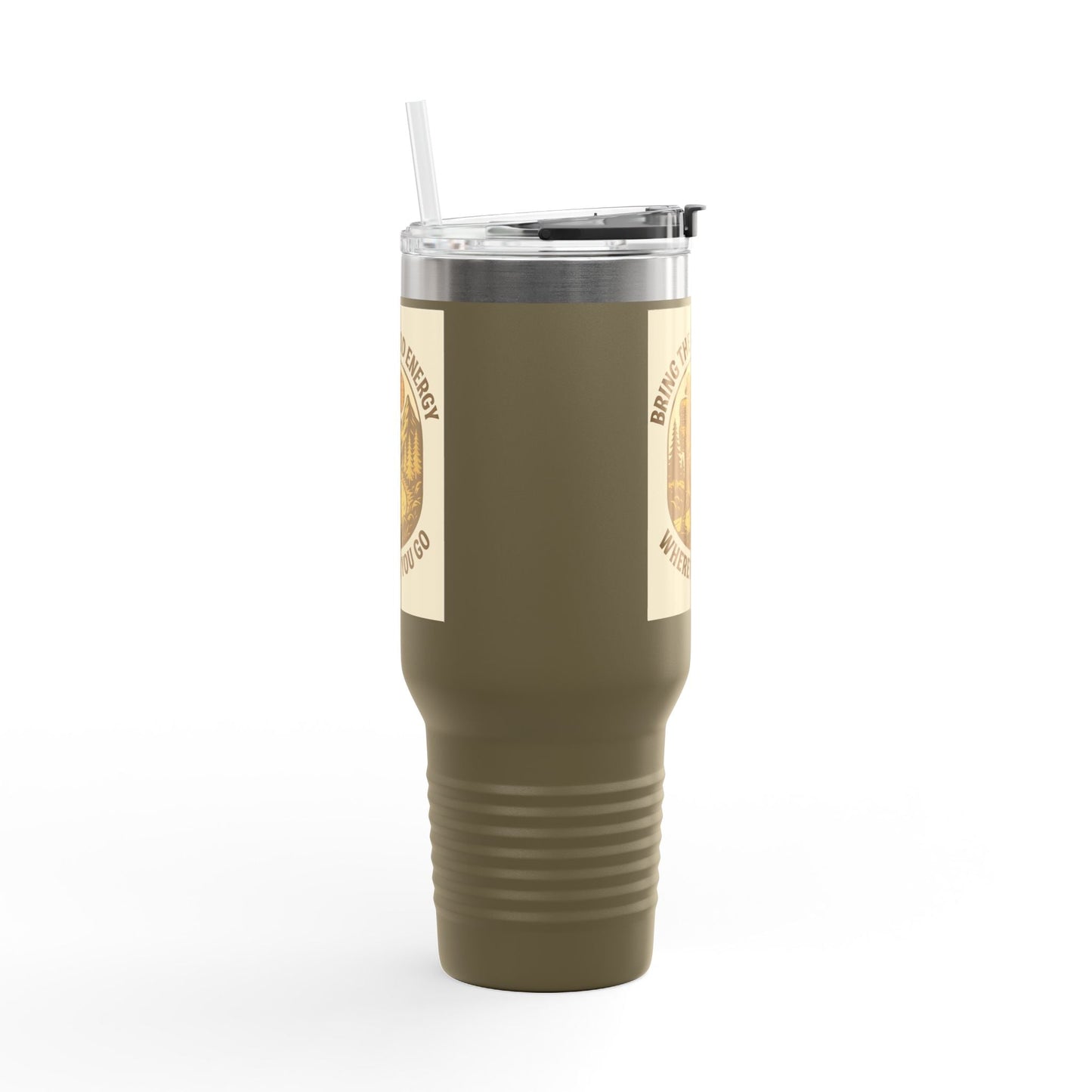 40oz insulated travel mug with leak-resistant lid and positive vibes design.
