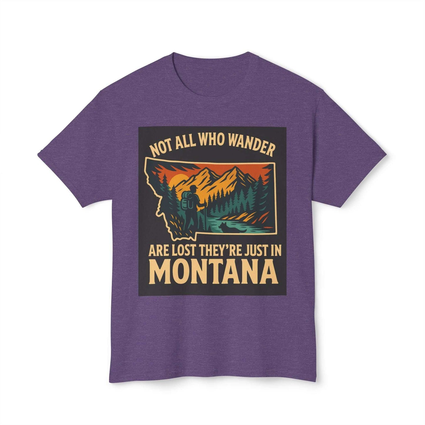 Montana Adventure Tee with nature-inspired design on purple fabric.