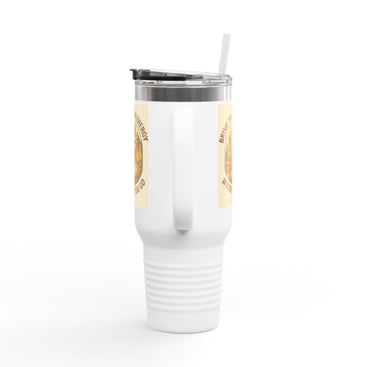40oz insulated travel cup with leak-resistant lid and positive vibes design.