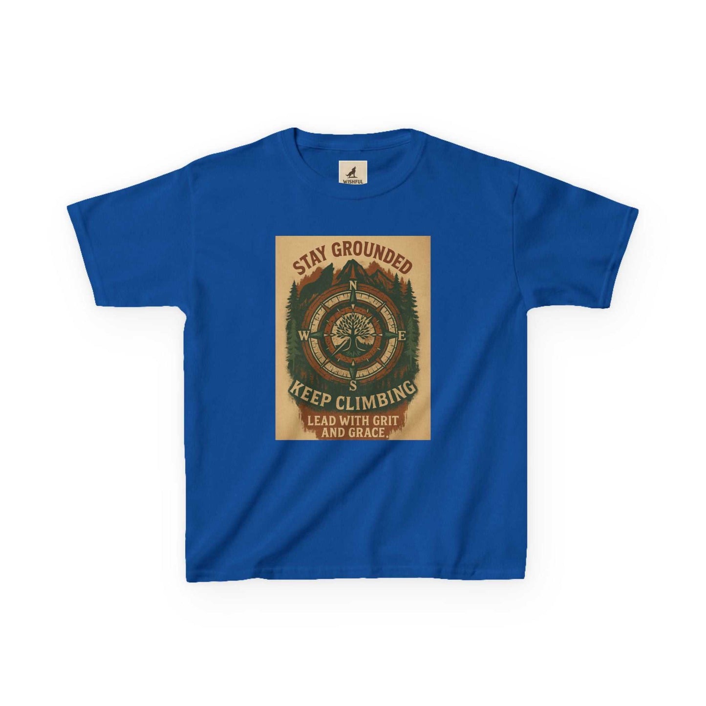 Blue Adventure Kids Tee with nature-inspired design and motivational text, perfect for young explorers.