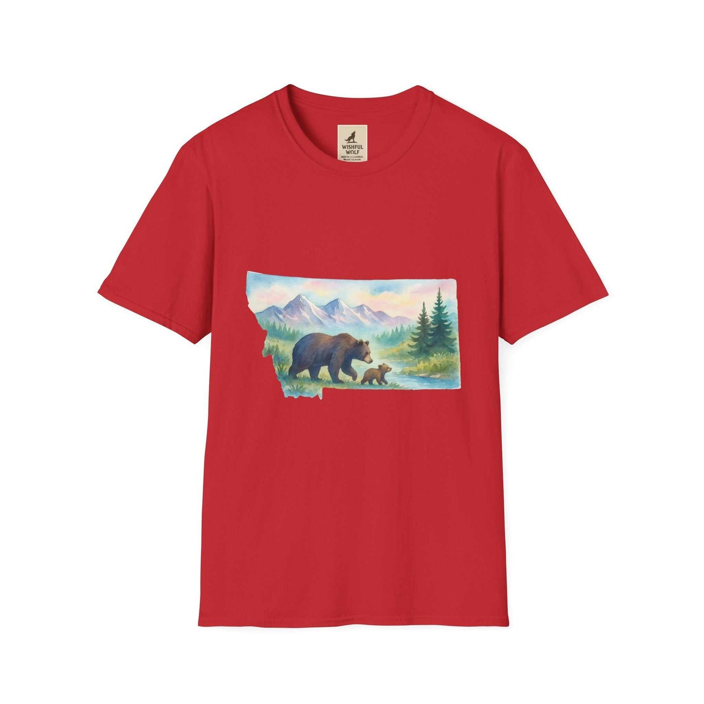Red t-shirt featuring a vintage bear graphic with mountain and forest backdrop, representing the spirit of Montana's wilderness.