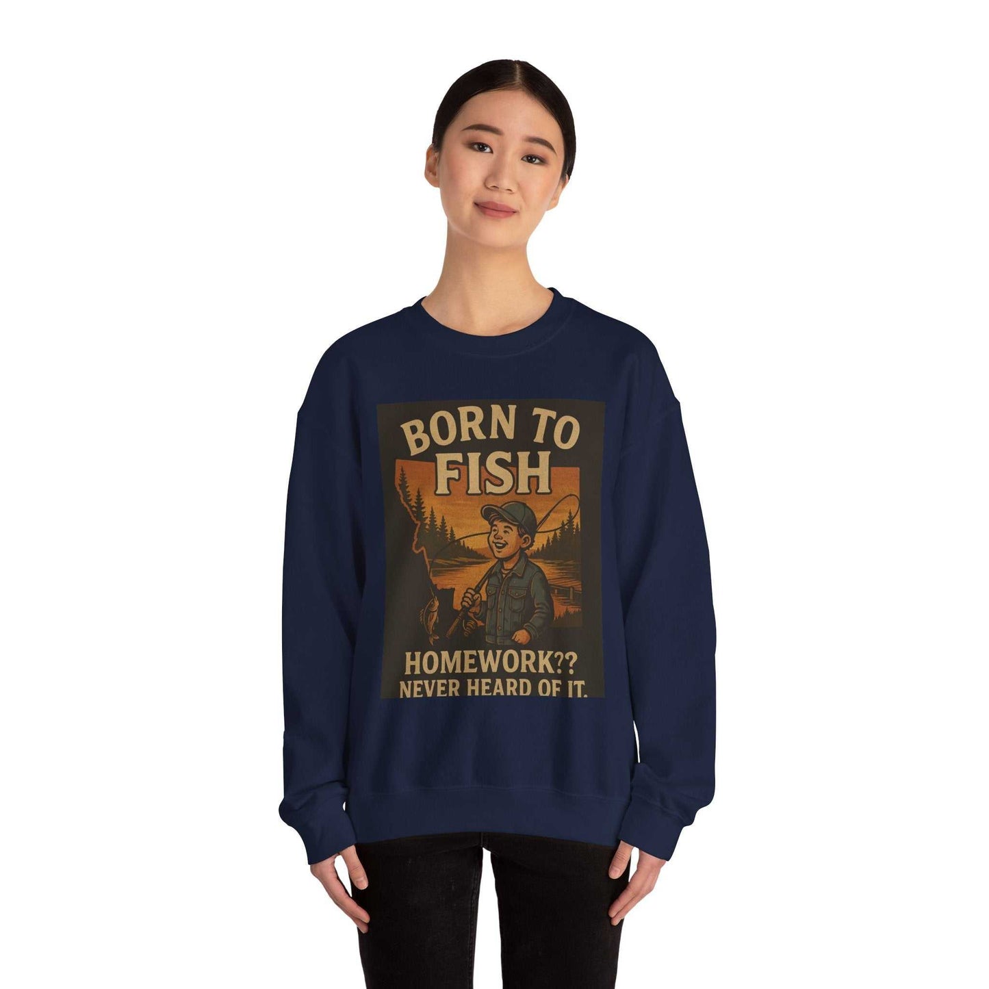 Born to Fish Sweatshirt featuring vintage angler design, perfect for fishing enthusiasts.