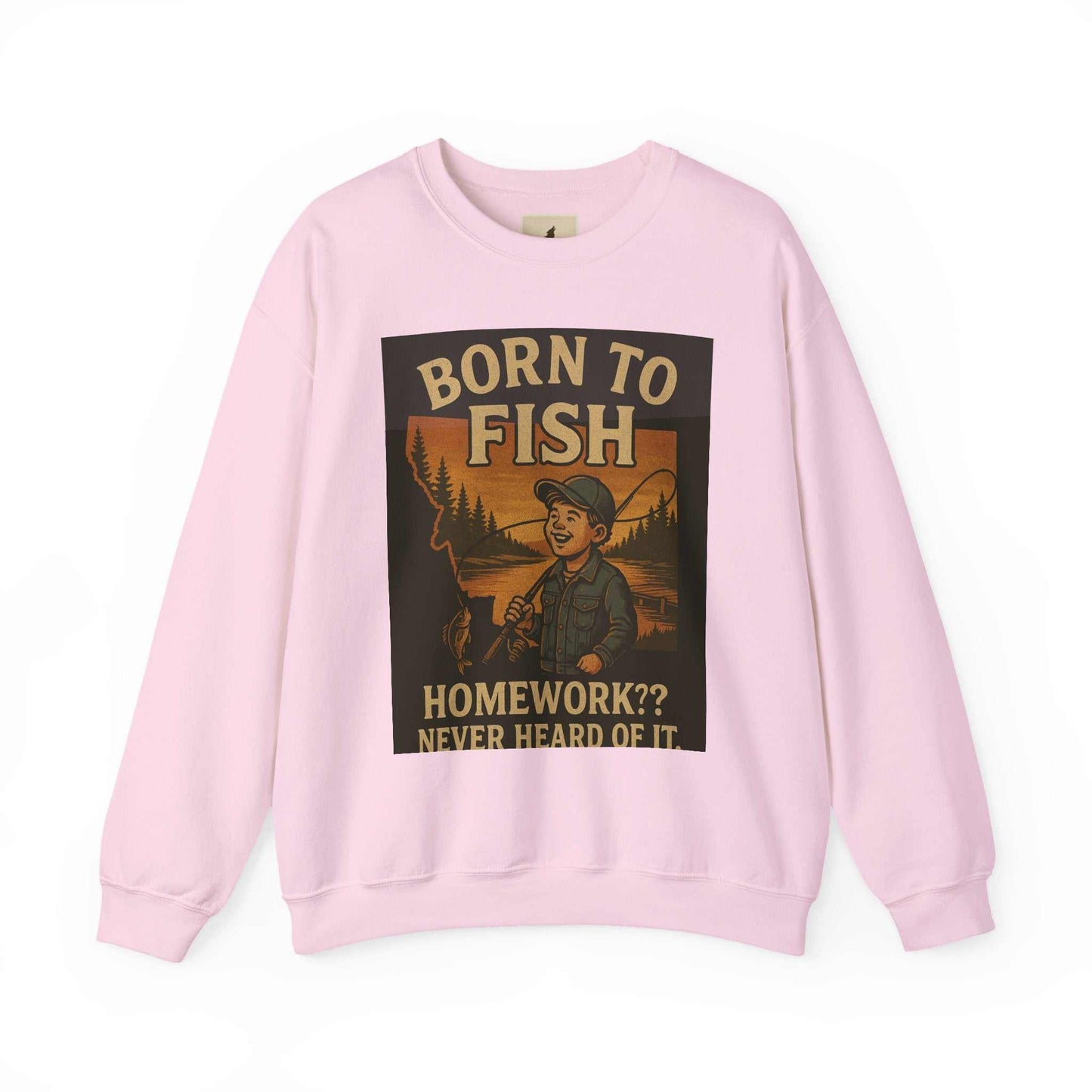 Born to Fish Sweatshirt with outdoor-themed graphic and humorous text, perfect for fishing enthusiasts.