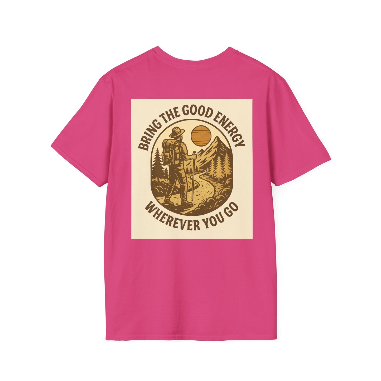 Pink t-shirt with a nature-themed graphic featuring a hiker and mountain scene, inspired by Montana landscapes, perfect for adventure enthusiasts.