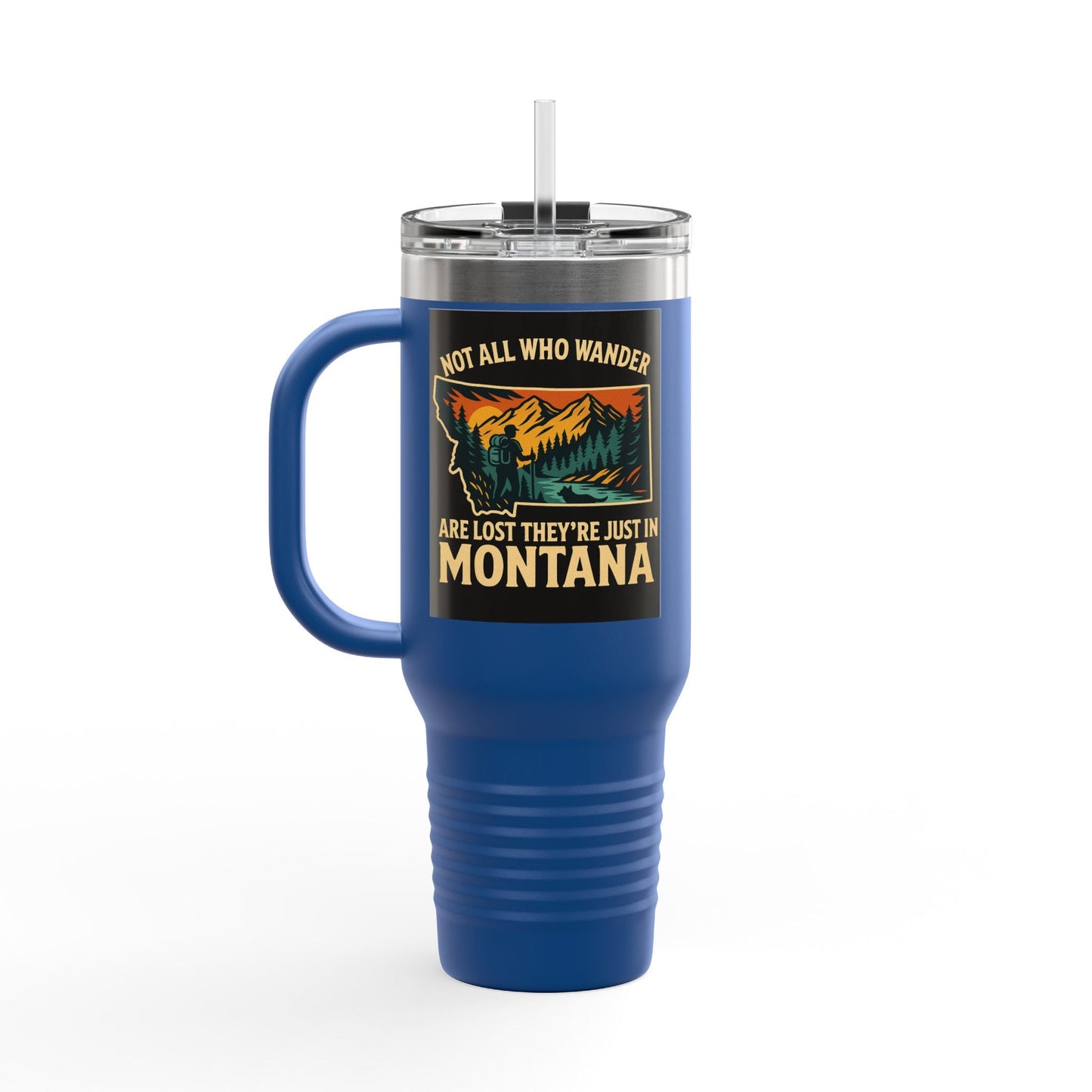 Large blue Montana Adventure Mug with handle and clear lid, featuring outdoor-themed design.