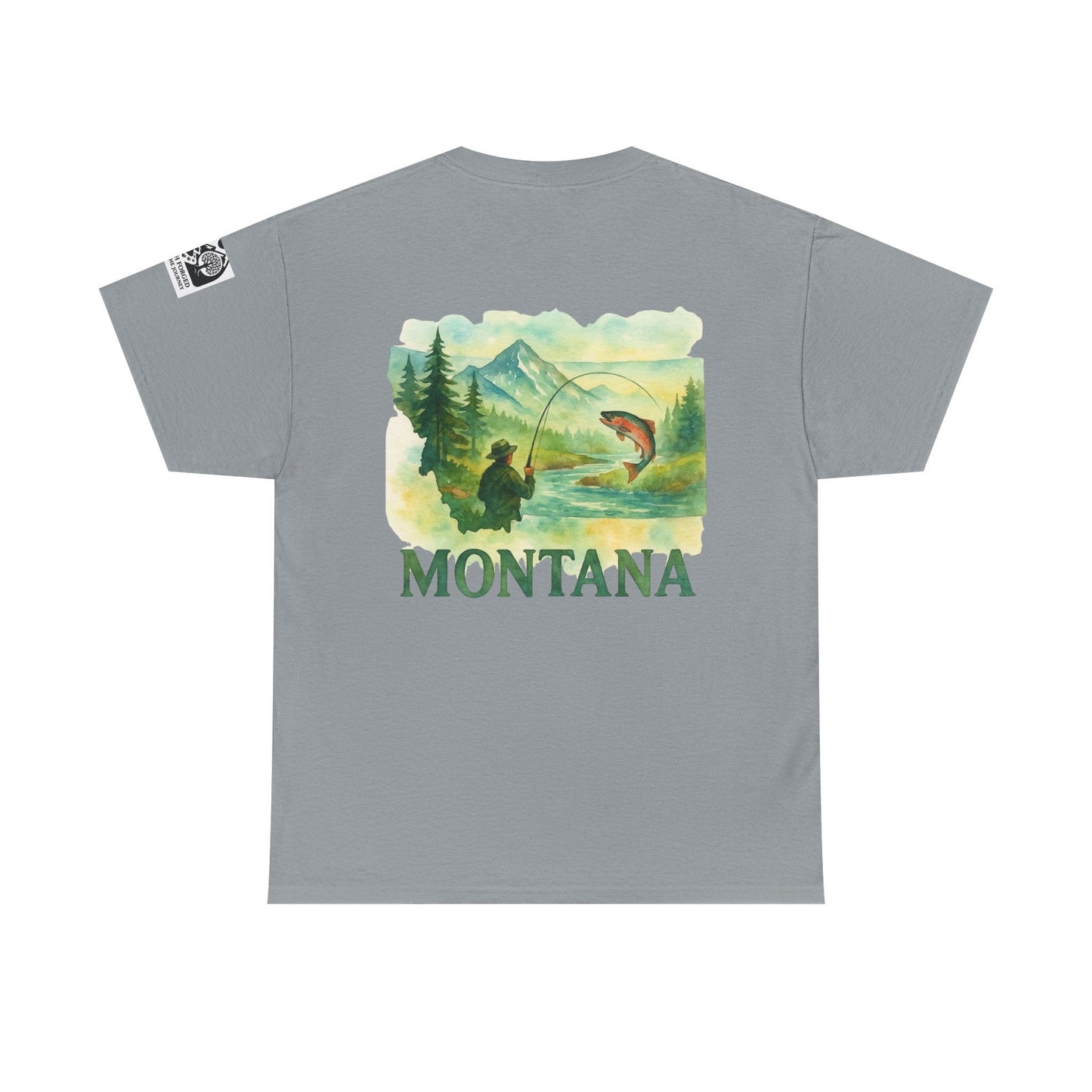 Montana Fishing Tee with nature graphic and "Born to Fish, Forced to Work" slogan.