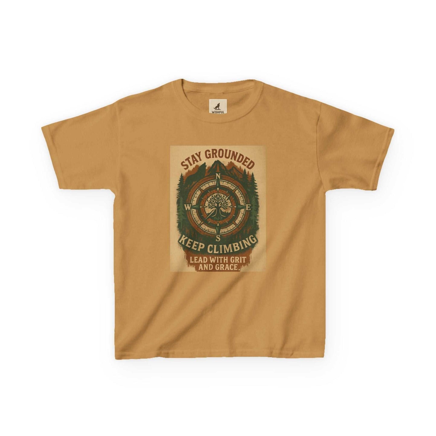 Nature-inspired Adventure Kids Tee showcasing motivational design "Stay Grounded & Keep Climbing," perfect for young explorers.