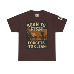 Fishing Cotton Tee for Men with "Born to Fish" graphic, brown color, casual summer shirt.