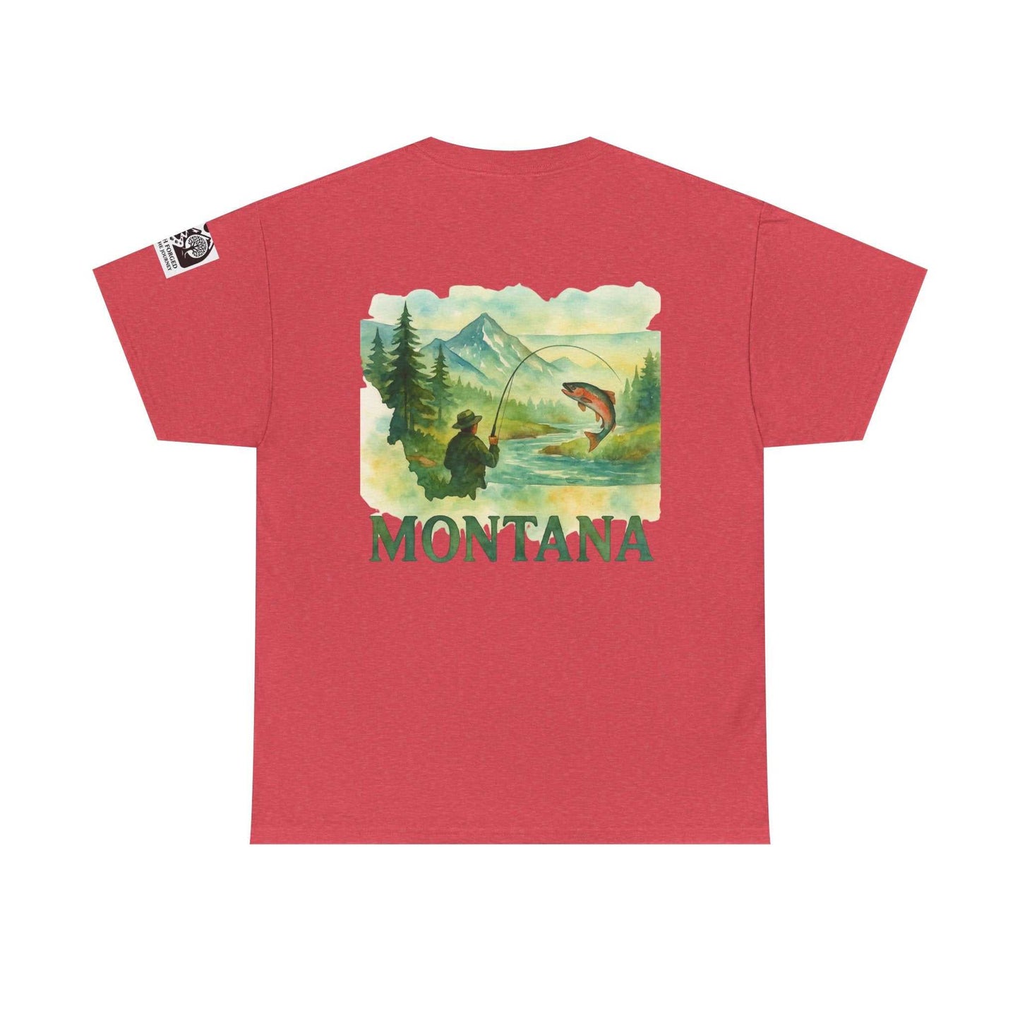 Red men's fishing tee with Montana graphic, featuring an angler and fish in a mountain landscape.