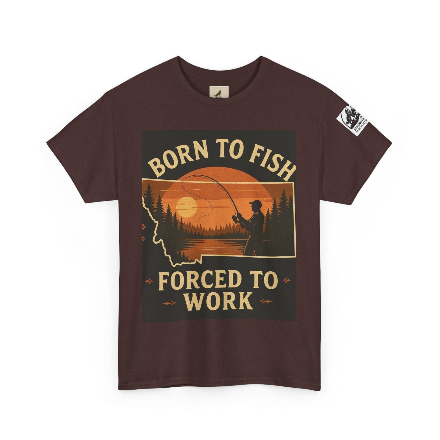 Montana Fishing Tee with "Born to Fish, Forced to Work" graphic, ideal for nature and fishing enthusiasts.