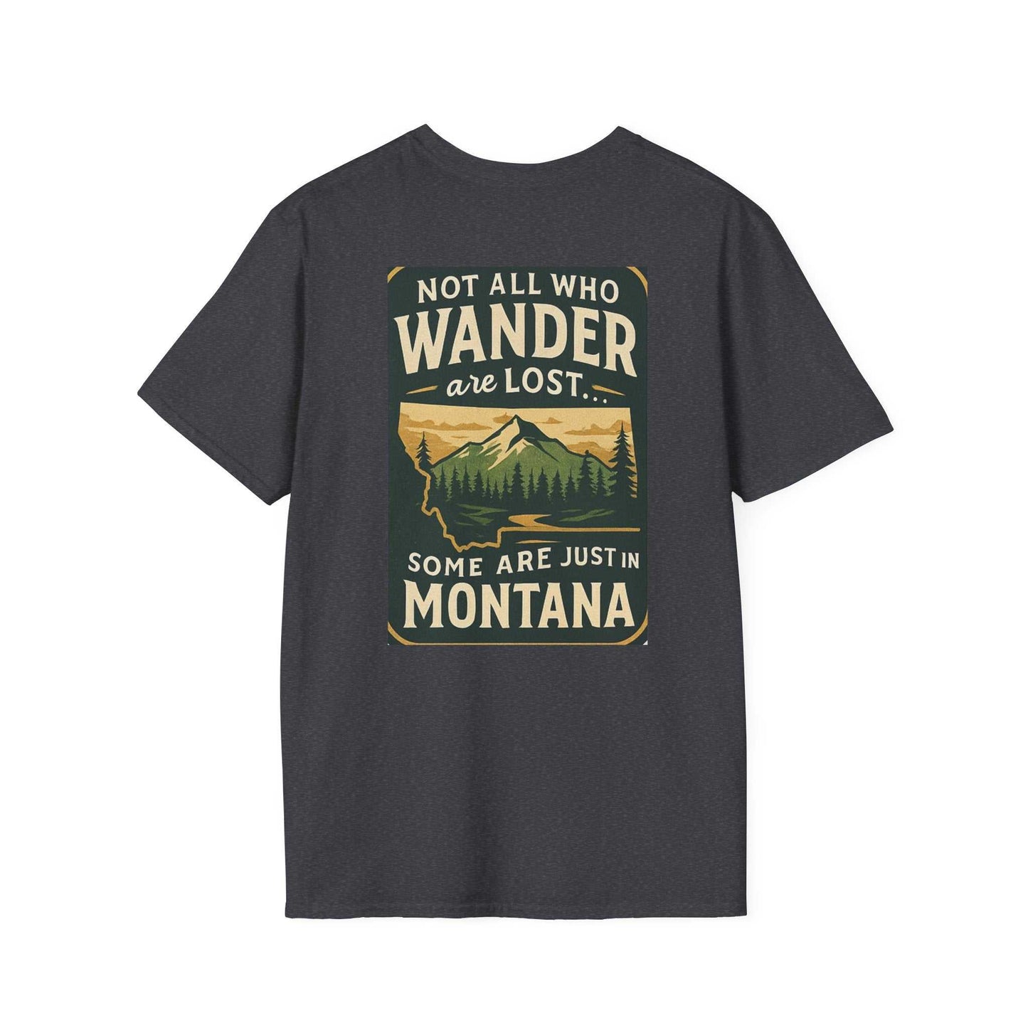 Montana Adventure Tee with wilderness graphic featuring a mountain and forest scene, perfect for nature lovers.