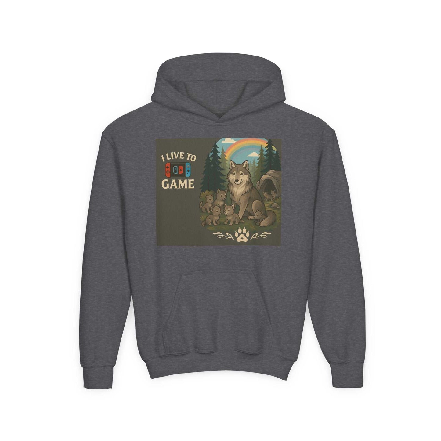 Youth Wildlife Hoodie with nature graphics, wolf design, inspiration for kids, cozy sweatshirt.