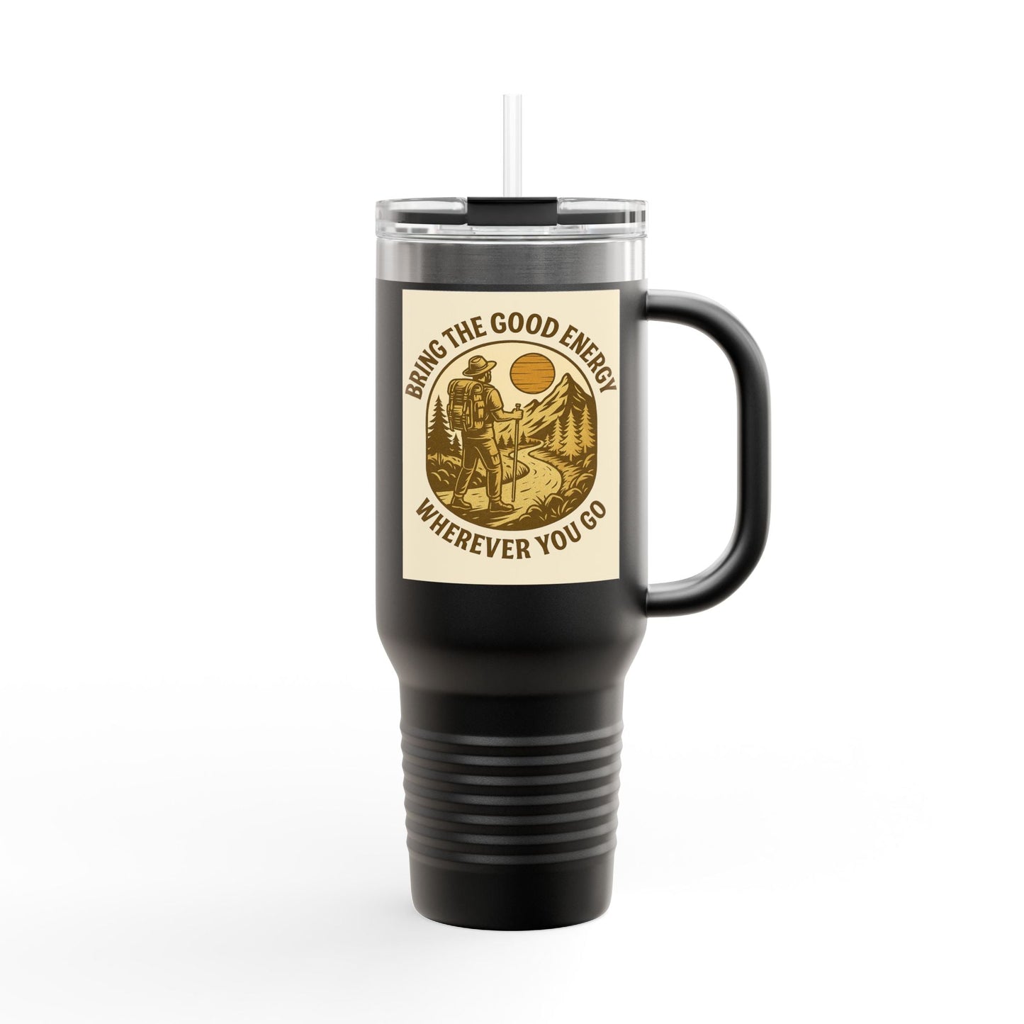 40oz insulated travel cup with positive vibes design, ergonomic handle, and leak-resistant lid.