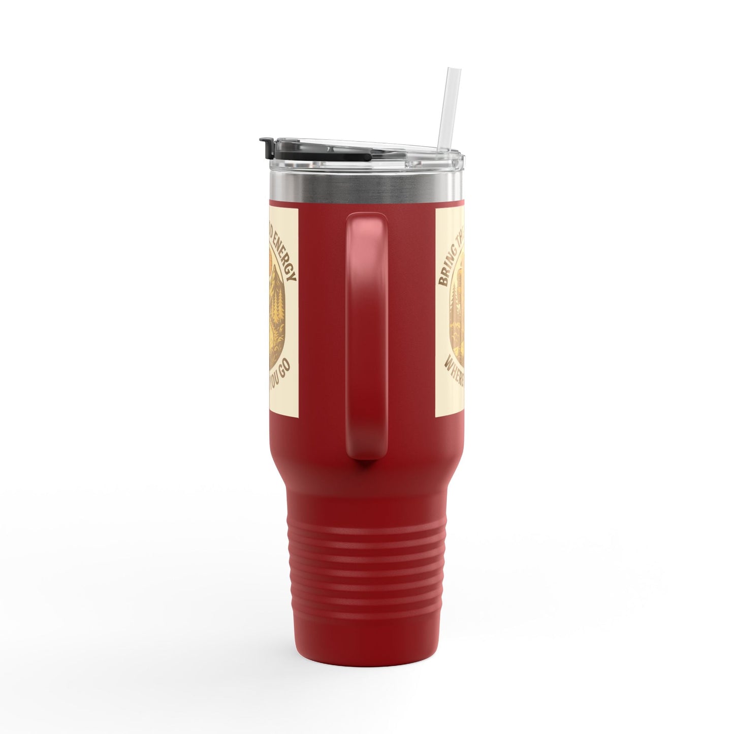 40oz red insulated travel cup with handle and lid, featuring positive vibe artwork.